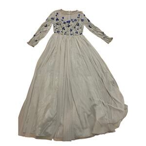 Aidan Mattox Ethereal Embroidered Tulle Longsleeve Floral Beaded Maxi Dress Sz 6